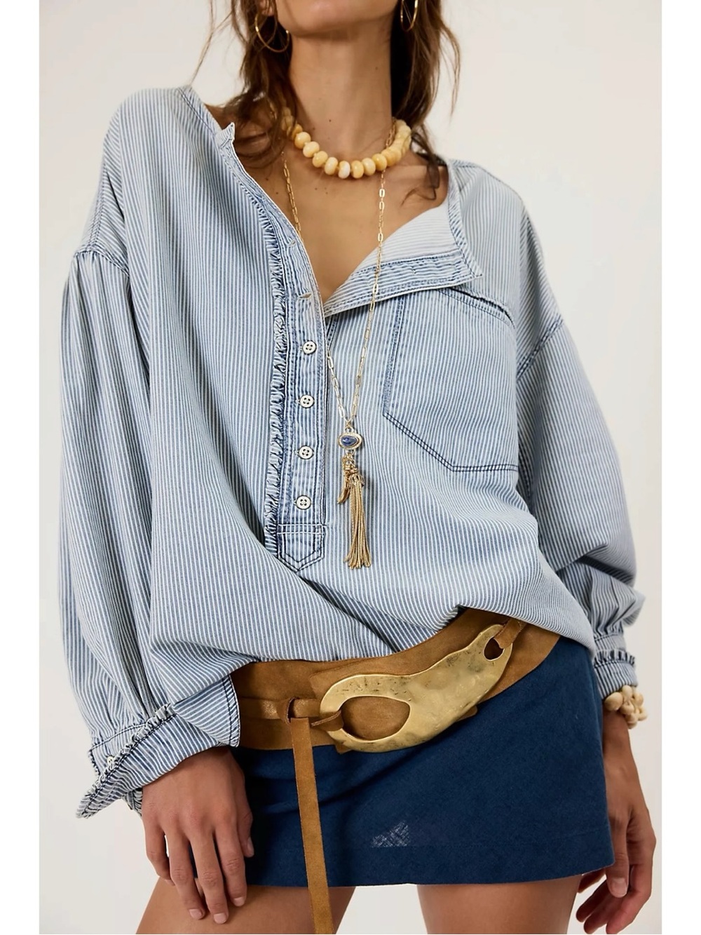 Free People Oversized Denim Dreaming Railroad Stripe Henley Popover Top Large